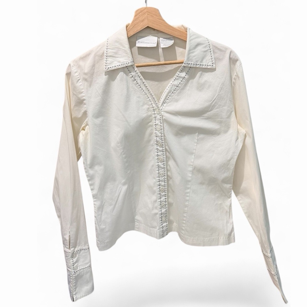 Worthington Women's White Button‎ Up Front Blouse Black Stitch Long Sleeve - S
